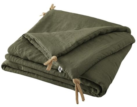 Meubletmoi Édredon 150 x 150 cm en Lin Lavé Vert avec Capitonnage Léger et 4 Nouettes en Jute - Linge de Lit - Luisa 2