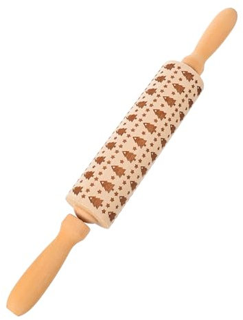 OKUMEYR 1pezzi Mattarello in Legno Per Stendere Pasta Incisione Natalizia Design Anti-scivolo Per Biscotti e Pizza