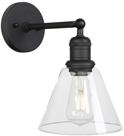 JIMUBEAM Applique da parete regolabile vintage con paralume in vetro a imbuto trasparente, lampada da parete per interni industriali per comodino Soggiorno da bagno sopra il lavello della cucina