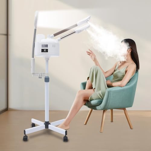 Vapozone Estética Profesional 3 en 1 Vapor Facial Cara Con Luz LED y Lupa Altura Ajustable Modo Caliente y Frío Boquilla Giratoria 360°, Para Salón de Belleza