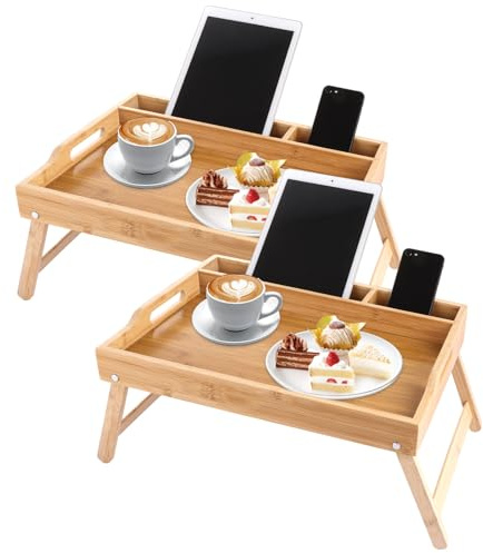 SHUESS 2 Pack Bamboo Bed Tray - 41.5 x 30 x 20.5 cm Breakfast Tray with Folding Legs - Trays for Eating on Lap with Media Slot, Ideal for Bed, Sofa, Eating, Platters, Working, Serving (Natural)