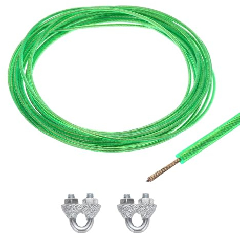 sourcing map 2mm (1/16 inch) Green Vinyl Coated Wire Rope, 6m /20ft Galvanized Steel Cable Wire Rope with 2PCS M3 Loop Sleeves for String Light Hanging, Deck Railing, Garden Wire