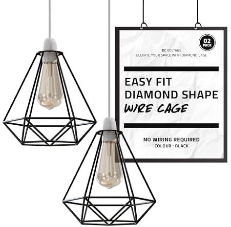 DC VOLTAGE Modern Easy Fit Metal Black Geometric Ceiling Pendant Light Shades, Bulb Guards Wire Cage Lampshades for Kitchen, Living Room, Bedroom (Black 2 Pack)