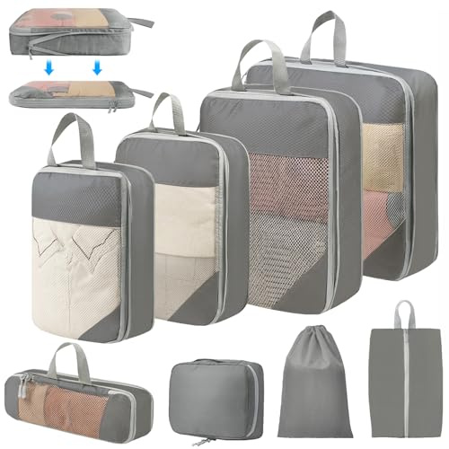 Koffer Organizer Set 8-teilig, Komprimierbaren Packwürfeln zur Organisation Ihres Reisegepäcks, Compression Packing Cube, Koffer Organizer für Urlaub und Reisen, Ordnungssystem für Koffer (Grau)