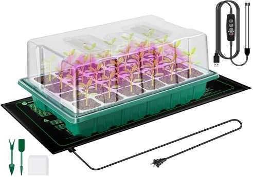 Verdenu Zimmergewächshaus Anzuchtkasten mit Pflanzenlampe Heizmatte, 1 Stück 24-Zellen Anzucht Gewächshaus mit Humidity Dome, 3 Beleuchtungsmodi, 4 Dimmstufen, Wiederverwendbare Anzuchtkasten