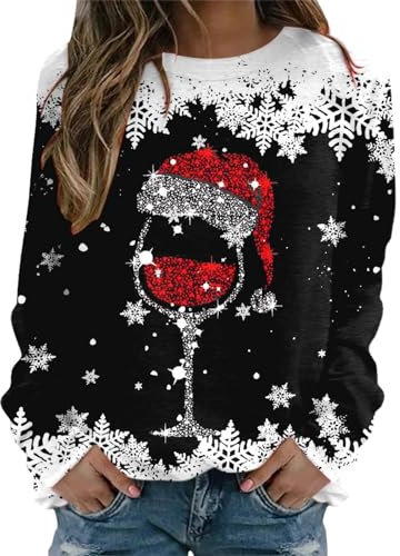 Christmas Shirts Merry Christmas Sweatshirt for Women Long Puff Sleeve red Wine Glass Print Silk Tops for Women UK Halloween Pajamas Womens Hoodie Blanket Warm Fleece Jacket Matching