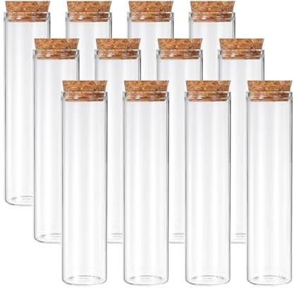 PATIKIL 60ml Test Tubes, 12pcs 4.72x1.18 Glass Clear Flat Bottom Test Tube Containers with Cork Stopper for Bead Party Candy Bath Salt Storage Scientific Experiment Plant Propagation