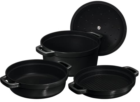 Chef Cuisine - Juego de ollas y sartenes de hierro fundido (3 piezas, con tapa, apto para horno)