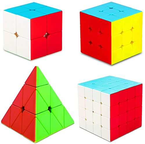 SISYS 4 Pack Speed Cube Set Cubo Magico 2x2 + 3x3 + 4x4 + Pyraminx Piramide Magic Puzzle Cubes 3d Puzzle Senza Adesivo Speedcubing Giocattoli Educativo per Bambini e Adulti