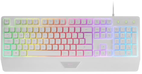 Mars Gaming MK124, Lingua Spagnolo, Tastiera Ergonomica H-Mech Completa, Poggiapolsi Integrato, Illuminazione FRGB Rainbow, Gaming Antighosting, Multiplatforma, Bianco