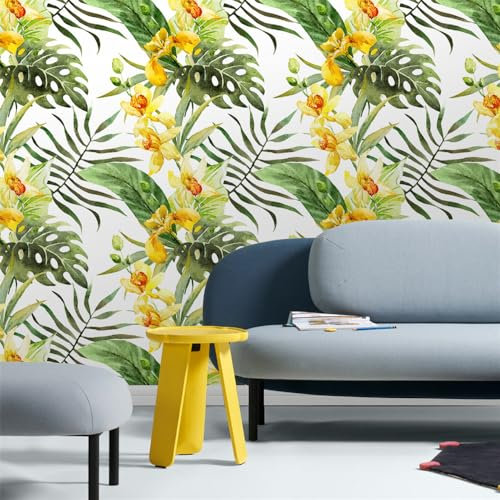 Papier peint autocollant en PVC imperméable à motif de fleurs tropicales jaunes pour meubles, papier peint amovible pour décoration d'intérieur, 45 x 200 cm