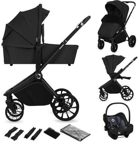 LIONELO Mika Plus 3-i-1 Barnvagn med Liggdel Sittdel & Bilbarnstol i-Size, Terränghjul, Sufflett UPF50+, 5-punkts Bälte, Justerbart Ryggstöd & Fotstöd, Hopfällbar, Upp till 22kg, Inkl Tillbehör, Svart