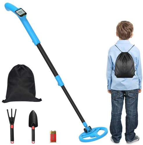 Metal Detector Kids, Lightweight Kids Metal Detectors with LCD Display, High Sensitivity Metal Detector for Kids with Shovel Rake and Backpack, Adjustable Stem, Foldable, for Beginners, Junior (Blue)