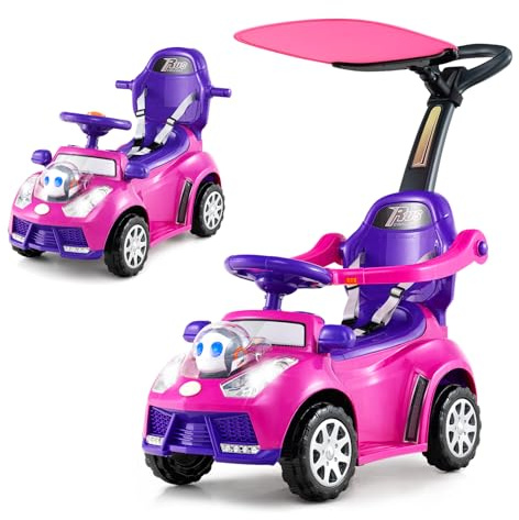 COSTWAY 3-in-1 Rutschauto mit Schiebestange, Rutschfahrzeug mit Hupe, Musik, Licht & Sicherheitsgurt, Schiebauto mit Stauraum, abnehmbarem Schutzbügel, Rutscher Auto für Kinder ab 1 Jahr (Rosa)