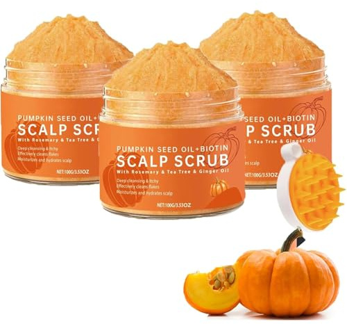Kopfhautpeeling - Kürbissamenöl -Kopfhaut Peeling mit Massagegeräte, Entfernt Flocken, tiefe Reinigung, sulfatfreie Kopfhautentgiftung für Schuppen und Entfernen von Ablagerungen effektiv (3pcs)