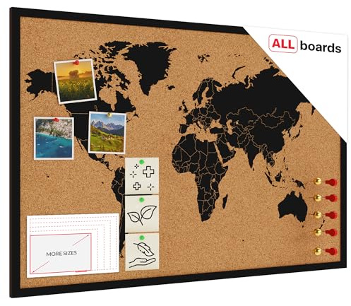 ALLboards Korktafel WELTKARTE, Holzrahmen SCHWARZ 90×60 cm, Korktafel Korkwand Pinnwand Kork