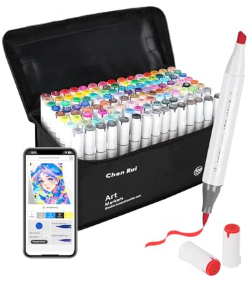 Chen Rui 120 Couleurs Feutres a Alcool avec App, Feutres Coloriage Adulte | Double Pointe (Pinceau & Biseautée) | Non Toxique | Séchage Rapide | Code Couleur | Marqueur à Alcool pour Croquis, Dessin
