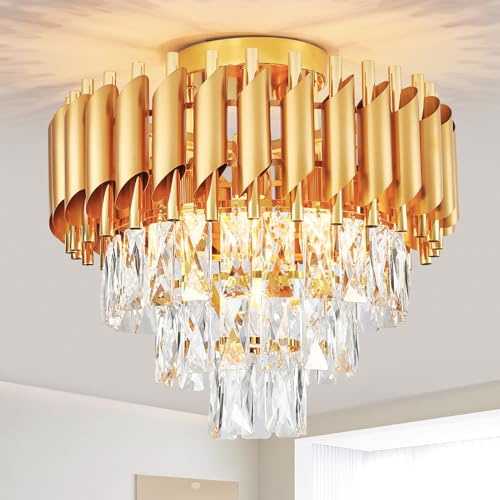 HARPER LIVING Crystal Ceiling Light, Modern Chandelier Lighting with 3 Tiers Crystals, Polished Gold Finish, 5xE14 Semi Flush Ceiling Lamp for Living Room Bedroom Dining Room