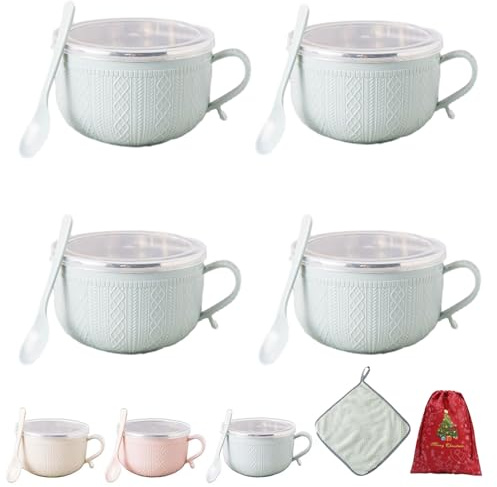2026 Tassen-Set mit Deckel, 750 ml, 4-teiliges Set mit 4 Tassen für Suppen, Eintöpfe, Nudeln, Salat, Müsli, spülmaschinenfest, 4-teiliges Set für Suppen, Eintöpfe, Nudeln, Salat, Müsli