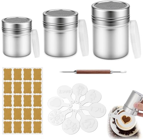 Puderzuckerstreuer, 3 Stück Mehlstreuer mit Deckel, Pulverstreuer Edelstahl Kakaostreuer mit 8 Kaffee Schablonen für Backen Kochen Kaffee Schokolade Zucker Salz