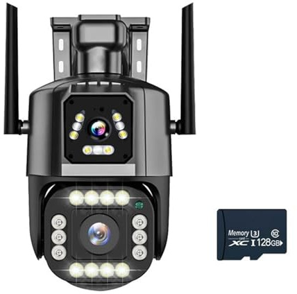 BINGNU Telecamere di sicurezza, Telecamera IP 4G/WiFi 4MP 4K Doppio obiettivo schermo Monitor di rete Smart Home Telecamere CCTV PTZ for esterni Protezione sicurezza per la casa(WiFi Cam 128GB Card)