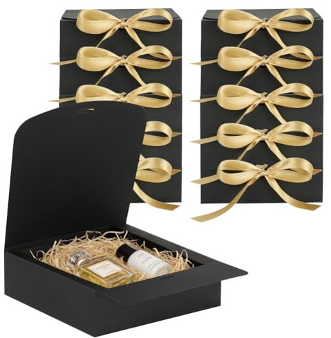 AOOSU 10PCS Caja de Regalo Negro con Tapa, 16.5CM x 16.5CM x 5CM Cajas de Regalos Premium con Oro Cinta y Tarjetas, Negro Caja de Regalo de Papel Kraft para Boda Cumpleaños Navidad Presente Embalaje