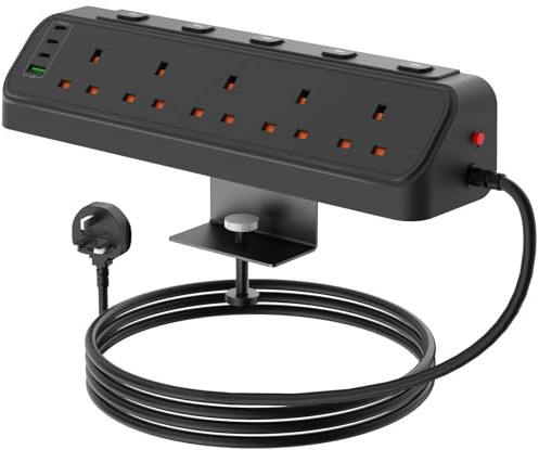 Desk Power Socket USB C, 5 Way Desktop Socket Individually Switchable with 3 USB C and 1 USB A, Desk Extension Lead 1.8M with Removable Clamp, Power Strip Surge Protector for Home Office, Black
