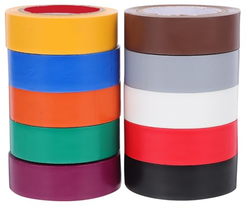 RUNROTOO 10 rollos de cinta aislante de colores - 18 mm x 10,9 yardas - Cinta aislante de PVC para aislamiento y organización de cables - Aislamiento seguro para cables eléctricos o automotrices,
