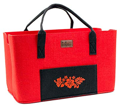 Luxflair Shoppingtasche rot/schwarz Hibiskus, Damen Einkaufstasche besonders groß und robust aus waschbarem Filz, Maße: HxBxT: 26x41x24cm