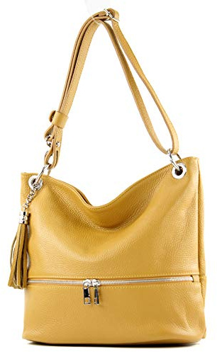 modamoda de - T143 - ital. Leder Schultertasche Umhängetasche, Farbe:Senfgelb