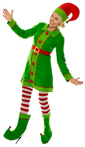 SoWest Ladies 5-Piece Elf Costume – Women’s Christmas Outfit with Dress, Belt, Tights, Boot Covers & Hat | Adult Santa’s Helper Festive Costumes for Xmas Parties, Cosplay & Holiday Events