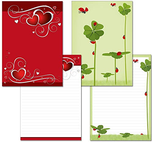 2 Stück - Schreibblock 1x rote Herzen 1x Glücksklee mit Marienkäfern je 25 Blatt Format DIN A4 mit Deckblatt 7200+7440