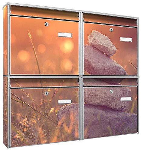 banjado Briefkastenanlage 4 Fach - Postkästen groß - verzinkter Stahl Silber DIN A4 Motiv Mein Ort - Briefkasten Set 4 Briefkästen Namensschild, 2 Schlüssel, Montagematerial