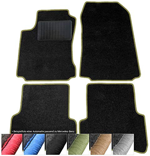 moto-MOLTICO Fußmatten Auto - Velours Autoteppiche | passend für Mercedes-Benz E-Klasse W123 (1975-1986) - 4-teiliges Set - Schwarze Automatten mit Grünen Ziernähten