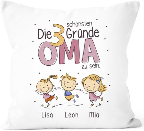 SpecialMe® Kissen-Bezug Die schönsten Gründe Oma zu Sein personalisiert mit Namen 1,2,3,4 Kinder Geschenk Enkel für Oma Weiss 40cm x 40cm