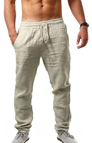 Sprifloral Men's Linen Casual Pants Drawstring Lightweight Summer Beach Trouser Khaki 3XL