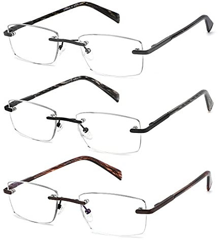 JJWELL 3 Pack Reading Glasses for Men Blue Light Blocking, Lightweight Rimless Metal Mens Eyeglasses Readers, Anti Eyestrain/Dryness/Computer Glare/UV 400, Spring Hinge Eyeglasses(150 Strength)