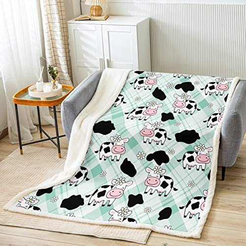 Manta de forro polar de vaca lechera para niñas, manta de sherpa de vaca verde linda para cama, sofá, Kawaii 3D, manta de felpa geométrica plisada cálida y mullida tamaño Queen, 90 x 90 pulgadas