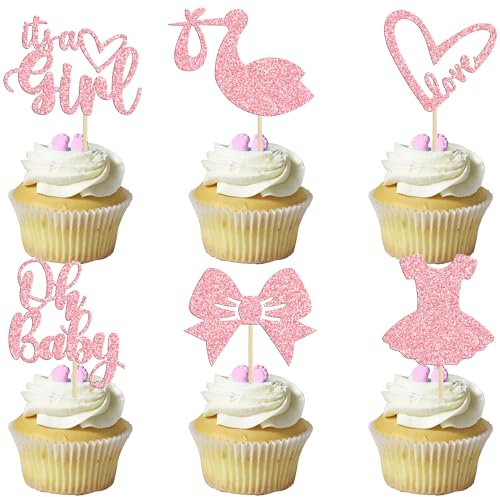 Gyufise 36 Pack Oh Baby Cupcake Toppers It's a Girl Cupcake Toppers with Bow Dress Love Heart Pink Glitter Cake Picks Decorations for Baby Shower Girl Birthday Party Supplies