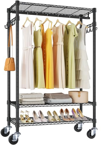 VIPEK R3 Heavy Duty Garment Rack with Lockable Wheels, Portable Rolling Closet with Adjustable Shelves & Hanging Rod & Side Hooks, Compact Space-Saving Storage for Small Apartments/Dorms (Black)