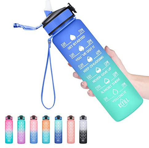 Hyeta Bouteilles d'eau de 950 ml avec temps pour boire et paille, bouteille d'eau motivante avec marqueur de temps, étanche, bouteille d'eau de sport pour fitness, salle de sport et extérieur
