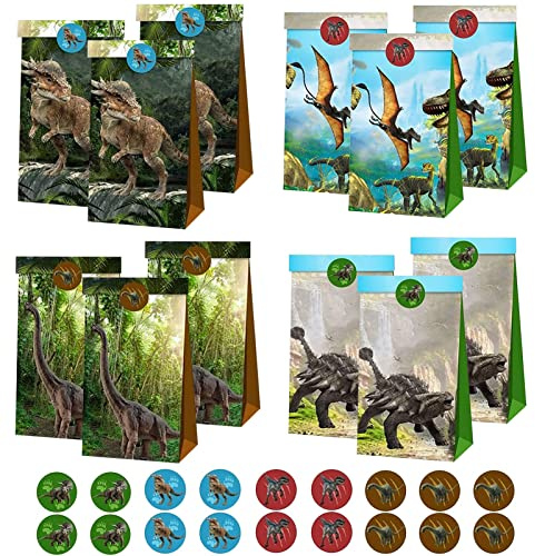12 Stück Papiertüten Dinosaurier, Geschenktüte Kindergeburtstag Dino Geschenkpapier Taschen Mitgebsel Tüten Süßigkeitentüten mit 18 Aufkleber, für Mädchen Jungen Geburtstagsfeier Party | 21x12x7CM Dino Geschenkpapier Taschen mit 18 Aufkleber, Süßigkeitentüten für Geburtstagsfeier Party Mädchen Jungen