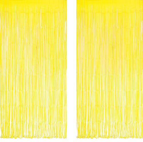Yellow Tinsel Curtain Party Streamers - GREATRIL Foil Fringe Backdrop for Lemon Bee Sunflower Pineapple Truck Race Birthday Party Decoration - 1m X 2.5m - 2 Packs