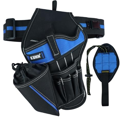 KUNN 3-in-1 Left-handed Drill Holster Set with Tool Belt and Magnetic Wristband, Cordless Drill Holster, Impact Driver Holster with Bit Pouch,Drill Holder for Tool Belt, Black and Blue