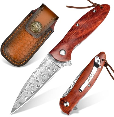 Zingbee Damast Taschenmesser Klappmesser mit Gürtelclip, Damaststahl Klinge, Liner Lock, Sandelholz Holzgriff, Geschenkbox - EDC Einhandmesser für Jagd Wandern Camping Sammeln Geschenke für Männer