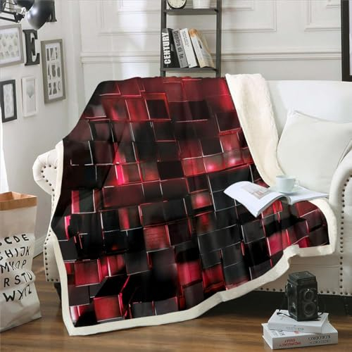 Schwarze und Rote Decke Moderne Geometrische Wurf Decke Gradient Neon Würfel Fleece Decke 130x150cm,Abstrakte Quadratische Plaid Bett Decke Geometrie Gitter Wand Ziegel Dekor