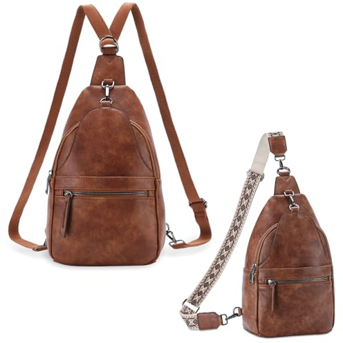 Kasgo Brusttasche Damen Herren, Große 5,6L 2 in 1 Sling Bag & Mini Rucksack, Diebstahlsichere PU Leder Crossbody Bag mit 2 Abnehmbaren Gurten, Umhängetasche für Reise Sport Wandern Arbeit Braun