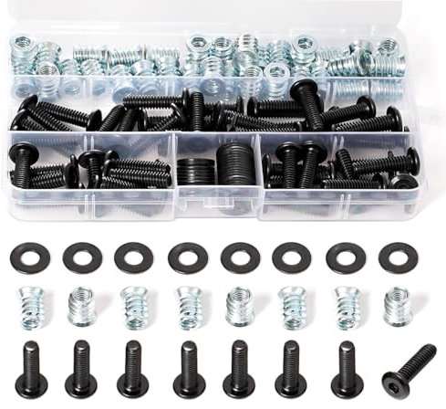 120PCs 1/4-20 Threaded Inserts for Wood with Bolts Washers, 15mm Screw Nut for Wood, Black Oxide 1/4-20 x 1 Flat Head Socket Furniture Bolts, 40-Set