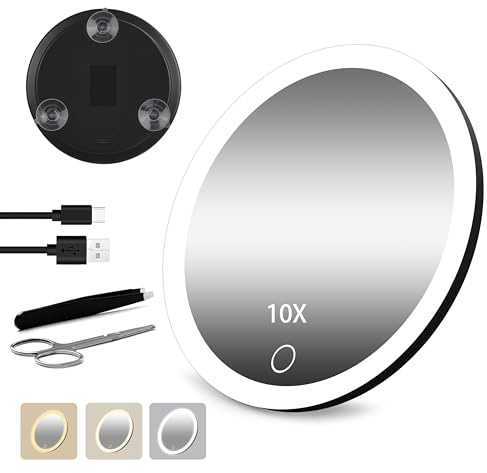 Junyaoxuan Miroir grossissant x10 avec lumière, grand miroir de maquillage grossissant de 15,2 cm avec 3 couleurs à intensité variable, portable à DEL grossissant avec 3 ventouses, noir