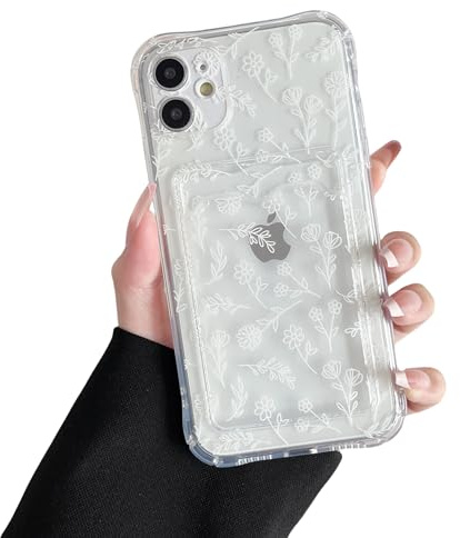 DEFBSC for iPhone 12 Case with Card Holder,Clear Floral Print,Sketch Flower | Transparent Back Phone Case with Card Slot,Ultra Slim Shockproof Protective Cover for Women Girls,Full Camera Protection